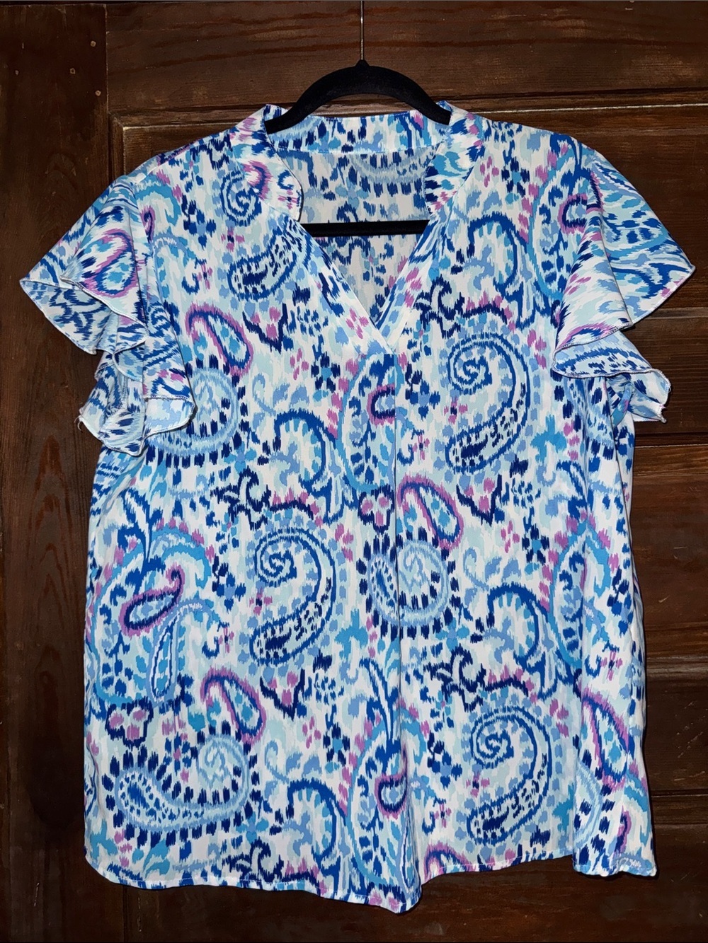 SHEIN Blue Paisley V-Neck Flutter Sleeve Blouse